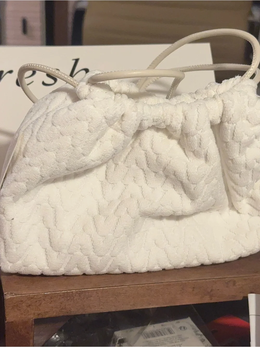 fresh cosmetics Large White Quilted Drawstring Top-Handle Drawstring Bag